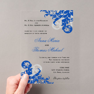 Invitaciones Acrílicas Boda florido azul y plateado real