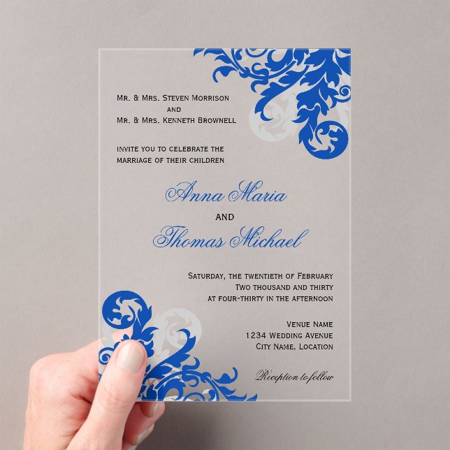 Invitaciones Acrílicas Boda florido azul y plateado real (Insitu (portátil))