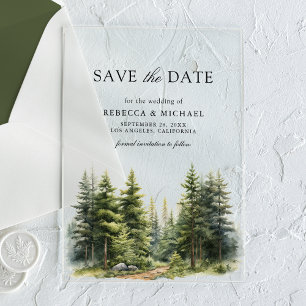 Invitaciones Acrílicas Boda forestal de pinos salva la fecha