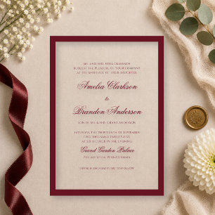 Invitaciones Acrílicas Boda Formal Clásica con Borde de Borgoña Profundo
