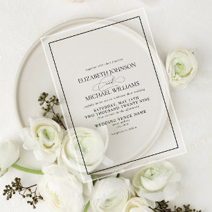 Invitaciones Acrílicas Boda Formal Clásica con Guión en Blanco y Negro