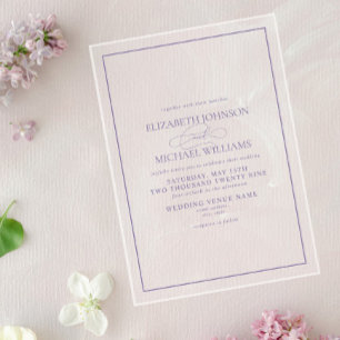Invitaciones Acrílicas Boda Formal de Escritura Clásica Lila Lavanda