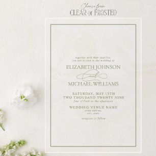 Invitaciones Acrílicas Boda Formal de Letra Clásica en Verde Salvia