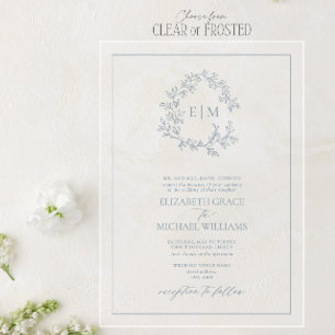 Invitaciones Acrílicas Boda Formal de Monograma de Cresta de Hoja Azul Po