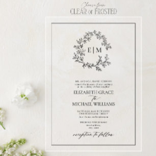 Invitaciones Acrílicas Boda Formal Monograma de Hoja Negra y Blanca con C