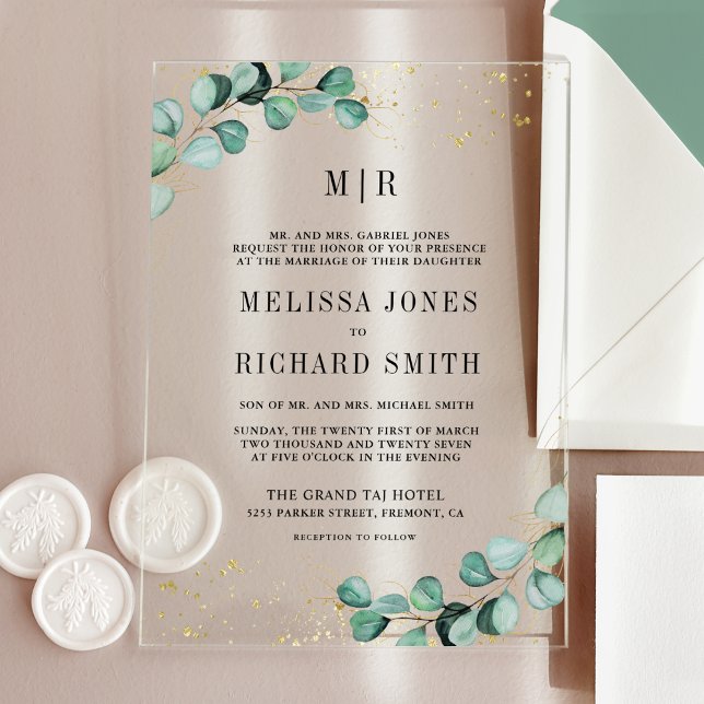 Invitaciones Acrílicas Boda Formal Monograma de Oro de Eucalipto (Subido por el creador)