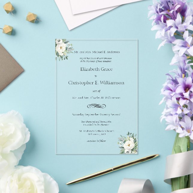 Invitaciones Acrílicas Boda Formal Tradicional con Flores Blancas y Verdo (Insitu (Boda))