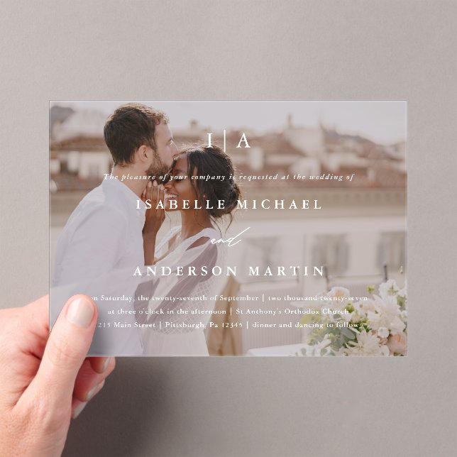 Invitaciones Acrílicas Boda fotográfico clásico de monografía blanca (Insitu (portátil))