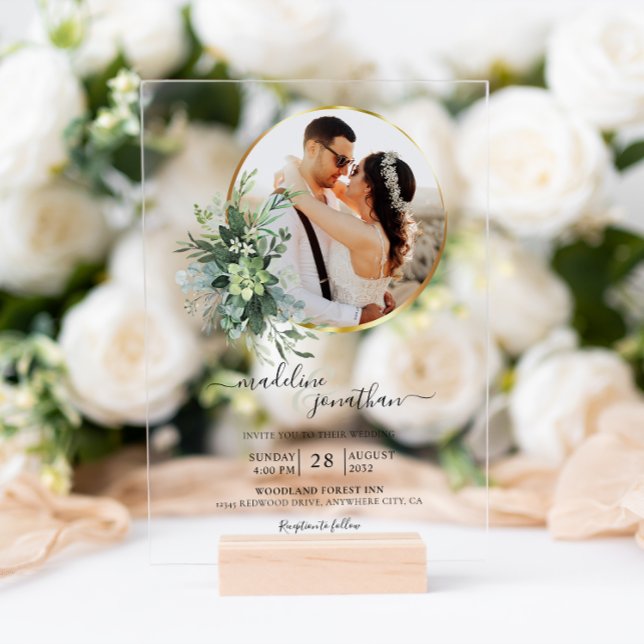 Invitaciones Acrílicas Boda fotográfico del borde del círculo de la veget (Subido por el creador)