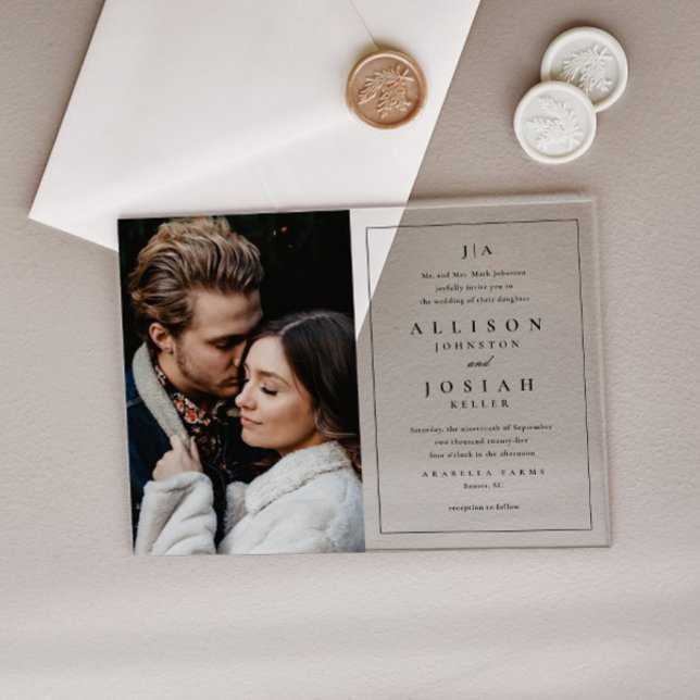 Invitaciones Acrílicas Boda fotográfico elegante monograma clásico (Simple monogram acrylic photo wedding invitation.)