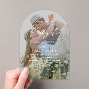 Invitaciones Acrílicas Boda fotográfico Minimalista con guión de caligraf