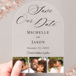 Invitaciones Acrílicas Boda Franja de Foto 3 Negro Moderno Guarden la Fec