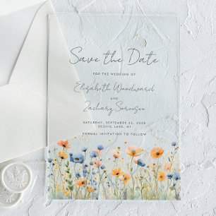 Invitaciones Acrílicas Boda Frontera Flor Silvestre Boho Naranja Azul
