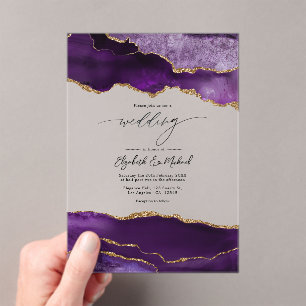 Invitaciones Acrílicas Boda Geoda de Ágata Púrpura con Brillo de Lujo Fal