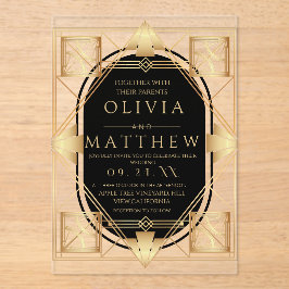 Invitaciones Acrílicas Boda geométrica Art Deco negra y dorada