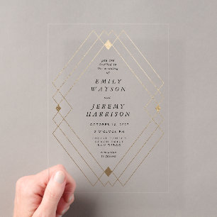 Invitaciones Acrílicas Boda Geométrica Deco Gatsby Blanca Diamante Dorado