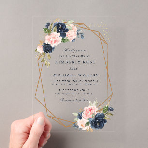 Invitaciones Acrílicas Boda geométrica floral acuarela azul marino y rubo
