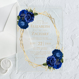 Invitaciones Acrílicas Boda Geométrica Floral Azul Real Dorado