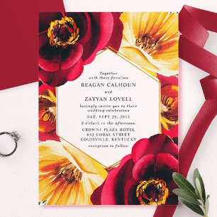 Invitaciones Acrílicas Boda geométrica floral roja y amarilla en negrita