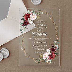 Invitaciones Acrílicas Boda geométrica moderna floral con toque de borgoñ