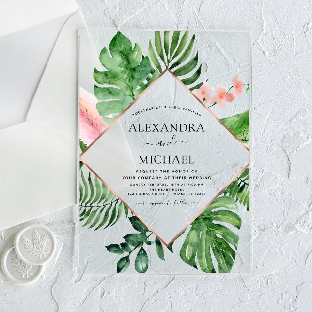 Invitaciones Acrílicas Boda geométrico de acuarela de palma tropical (Subido por el creador)