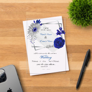 Invitaciones Acrílicas boda geométrico de plata de flores azules reales