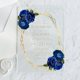 Invitaciones Acrílicas Boda Geométrico Royal Blue Floral Gold