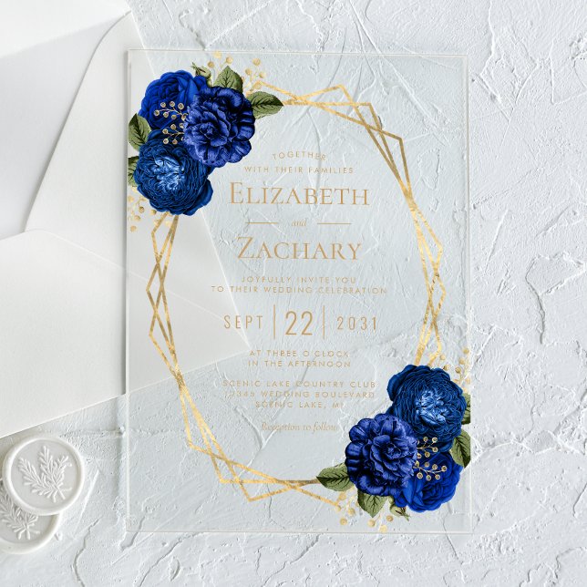 Invitaciones Acrílicas Boda Geométrico Royal Blue Floral Gold (Subido por el creador)
