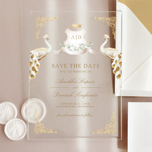 Invitaciones Acrílicas Boda Gold Crest White Peacock Save the Date