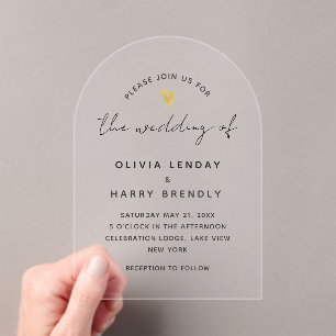 Invitaciones Acrílicas Boda Gold Heart Elegant Modern Script