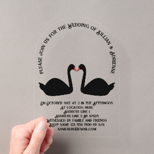 Invitaciones Acrílicas Boda Gótica Besando Cisnes Negros Personalizada