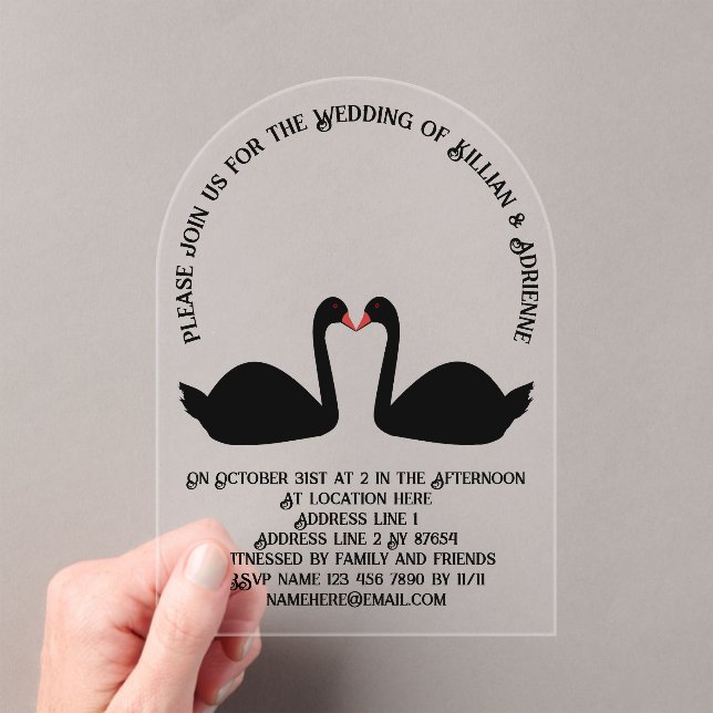 Invitaciones Acrílicas Boda Gótica Besándose Cisnes Negros Personalizado (Insitu (portátil))