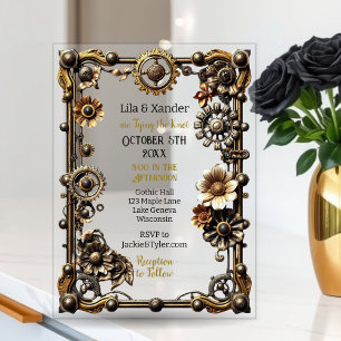 Invitaciones Acrílicas Boda Gótica de Metal Plateado y Dorado Estilo Stea