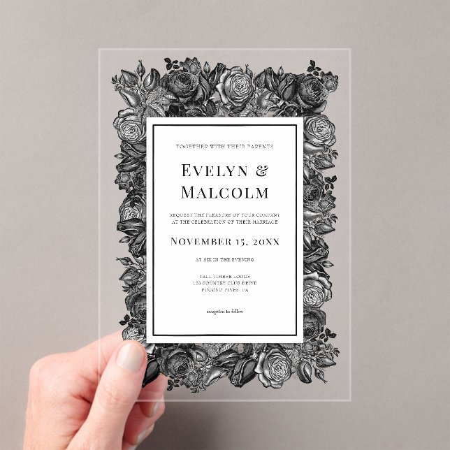 Invitaciones Acrílicas Boda gótico de rosas negras y blancas (Insitu (portátil))