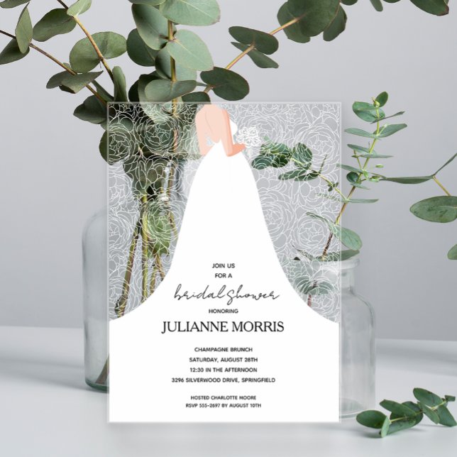 Invitaciones Acrílicas Boda Gown Floral Bridal Shower (Bridal shower clear acrylic invitations, bride in her wedding gown on white rose floral pattern )
