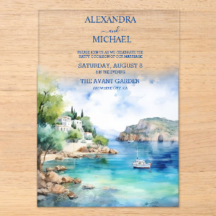 Invitaciones Acrílicas Boda griega de acuarela en Santorini