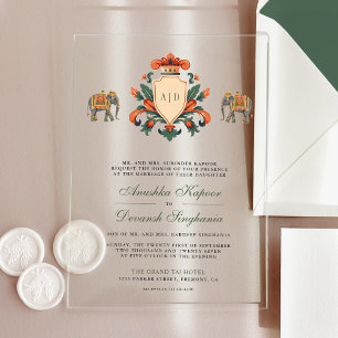 Invitaciones Acrílicas Boda Hindú India Elefante Real Cresta Vintage