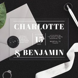 Invitaciones Acrílicas Boda Horizontal Blanca Negrita Moderna
