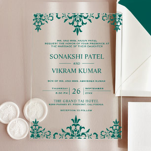 Invitaciones Acrílicas Boda India Damasco Verde Et́nico