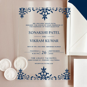 Invitaciones Acrílicas Boda India de Damasco Azul Étnico