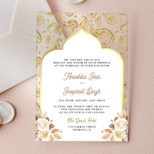 Invitaciones Acrílicas Boda India Floral Paisley Gold Crema