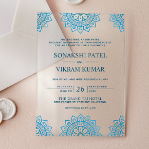 Invitaciones Acrílicas Boda india mandala azul étnico