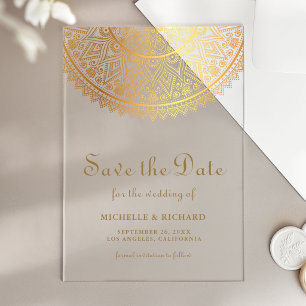 Invitaciones Acrílicas Boda India Mandala Dorado Save the Date