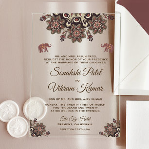 Invitaciones Acrílicas Boda India Motivo Marrón Vintage