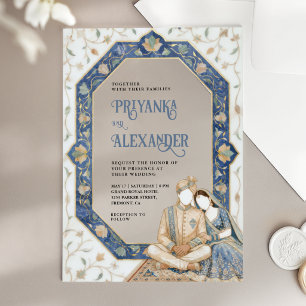 Invitaciones Acrílicas Boda India Pareja de Mármol Blanco Azul con Tarace