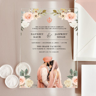 Invitaciones Acrílicas Boda india Sikh Floral de Melocotón Suave Anand Ka