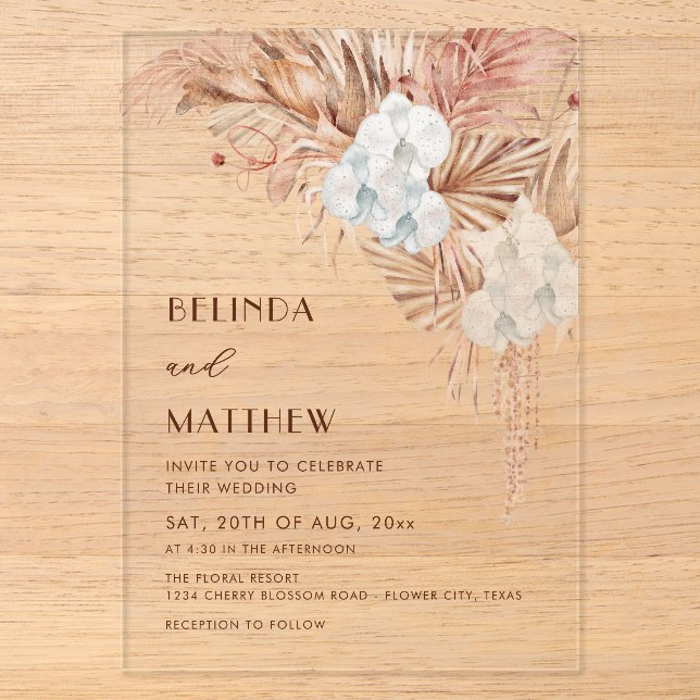 Invitaciones Acrílicas Boda informal con flores de acuarela boho (Anverso)