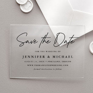 Invitaciones Acrílicas Boda informal de escritura negra, guarde la fecha