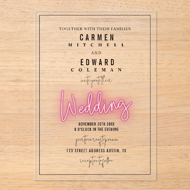 Invitaciones Acrílicas Boda inspirado en el Rótulo neón (Anverso)