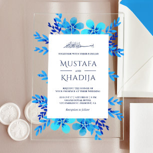Invitaciones Acrílicas Boda Islámica Floral Acuarela Azul Brillante